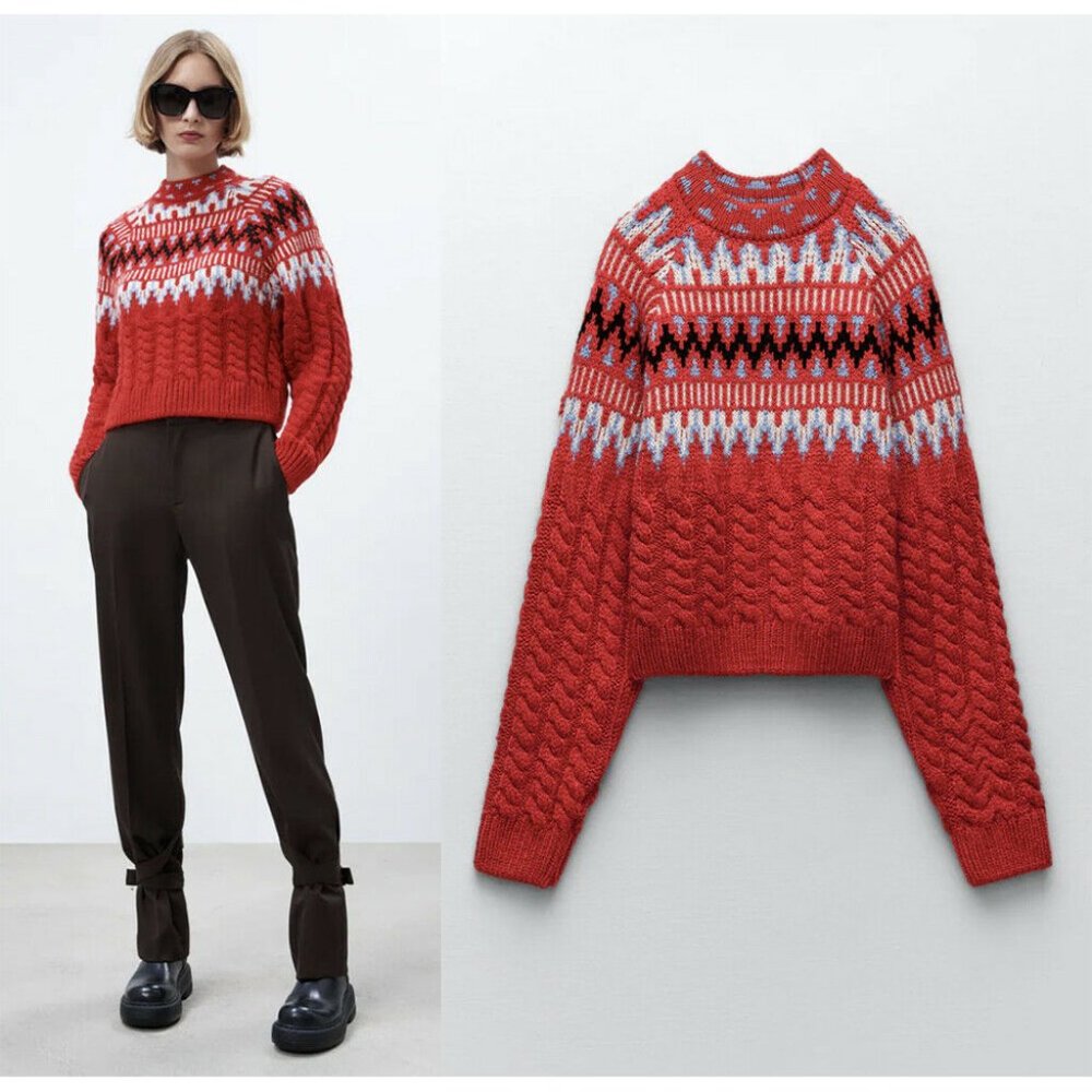 NEW ZARA Cable Knit Jacquard 5802 Sweater